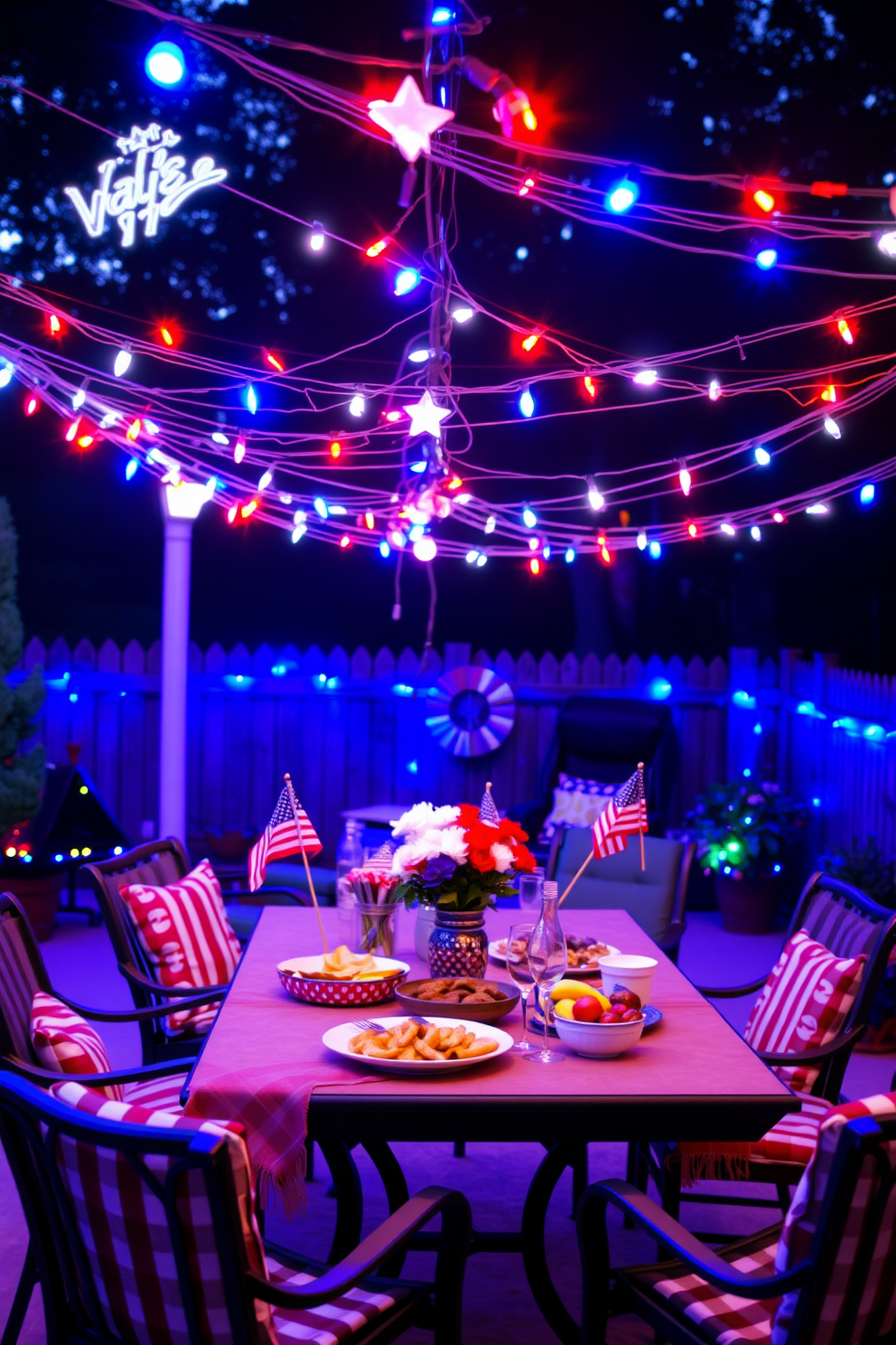 A festive outdoor setting adorned with string lights in red, white, and blue creates a vibrant atmosphere for Independence Day celebrations. The lights are draped across a patio, illuminating a table set with patriotic-themed decorations and a spread of delicious food.