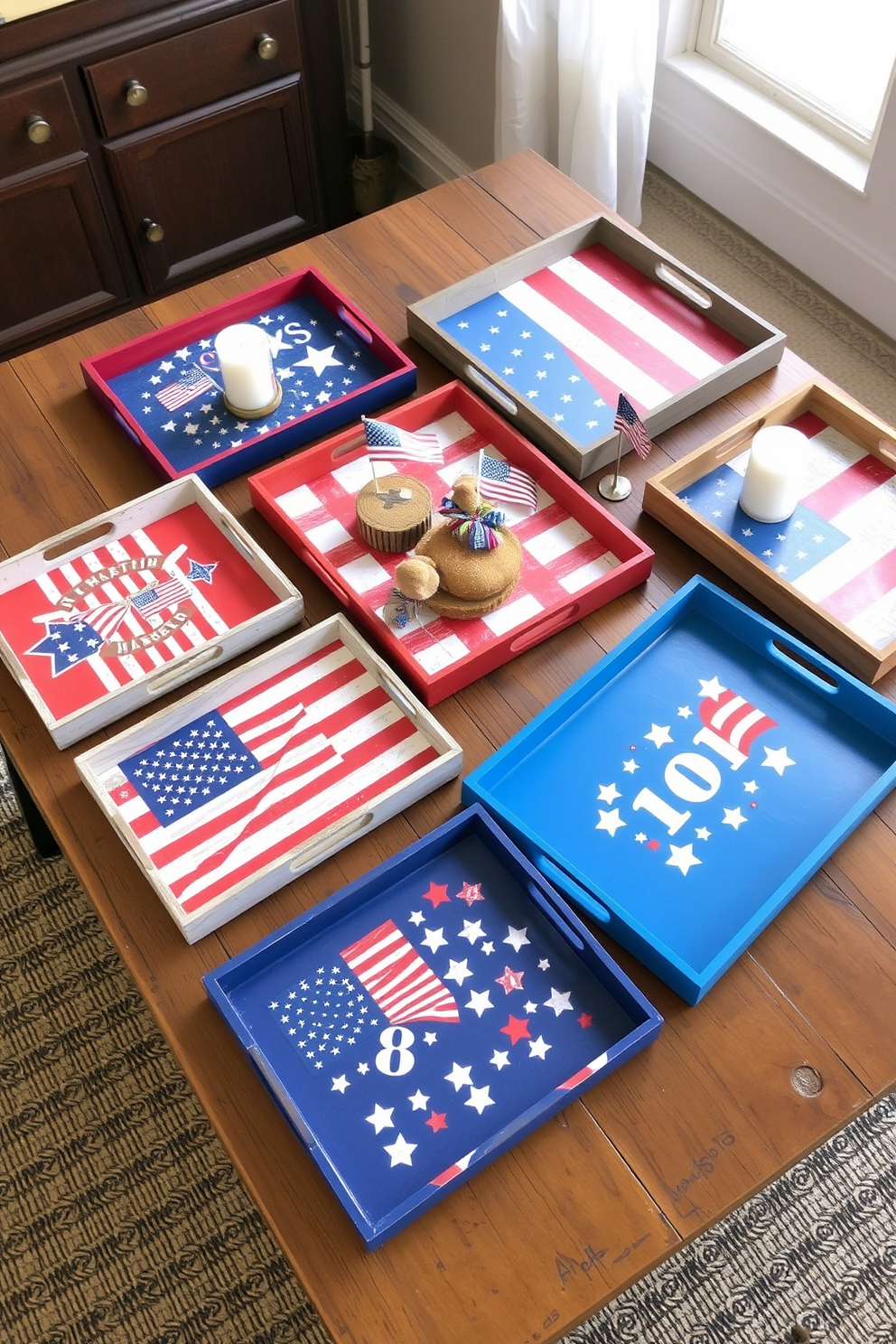 A collection of decorative trays featuring vibrant Independence Day motifs is arranged on a rustic wooden table. Each tray showcases elements like stars and stripes, along with red, white, and blue color schemes that evoke the spirit of the holiday. The trays are complemented by small decorative items such as candles and mini flags, creating a festive atmosphere. This arrangement not only serves as a functional display but also enhances the overall decor for Independence Day celebrations.