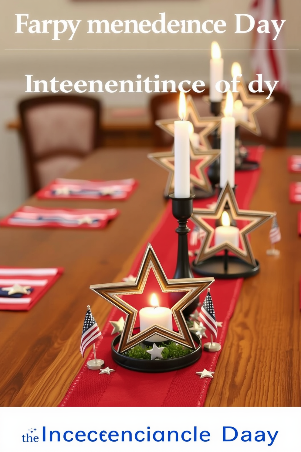 Star shaped candle holders are elegantly placed on wooden tables, creating a festive atmosphere for Independence Day celebrations. The tables are adorned with red, white, and blue table runners, enhancing the patriotic theme. Surrounding the candle holders are small flags and decorative stars, adding a charming touch to the decor. Soft lighting from the candles casts a warm glow, inviting guests to enjoy the holiday spirit.