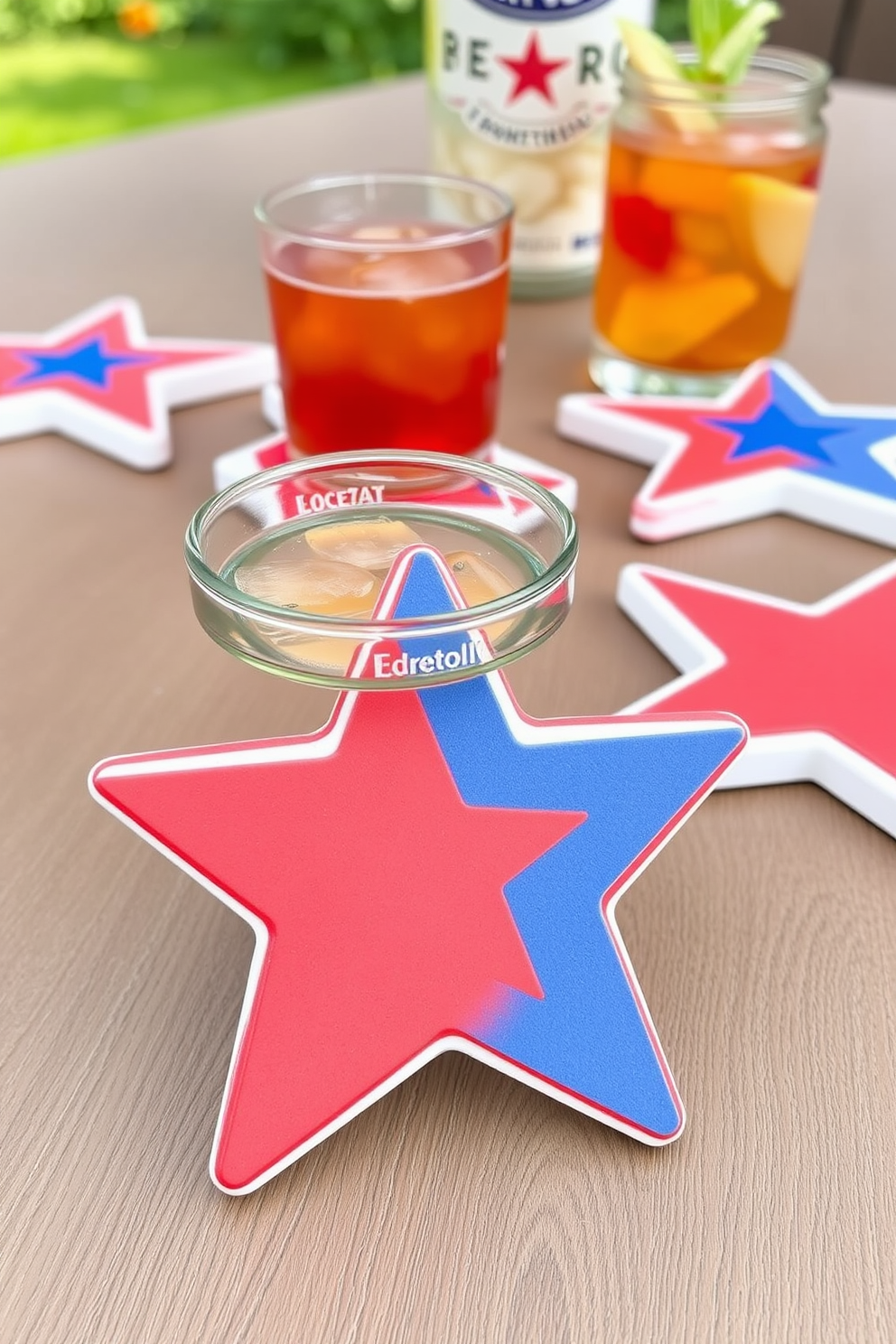 Star shaped coasters for drinks designed with a red white and blue color scheme. Each coaster features a unique star pattern and is made from durable materials suitable for outdoor and indoor use. These coasters are perfect for summer gatherings and Independence Day celebrations. Arrange them on a festive table setting alongside themed drinks and snacks to enhance the patriotic atmosphere.