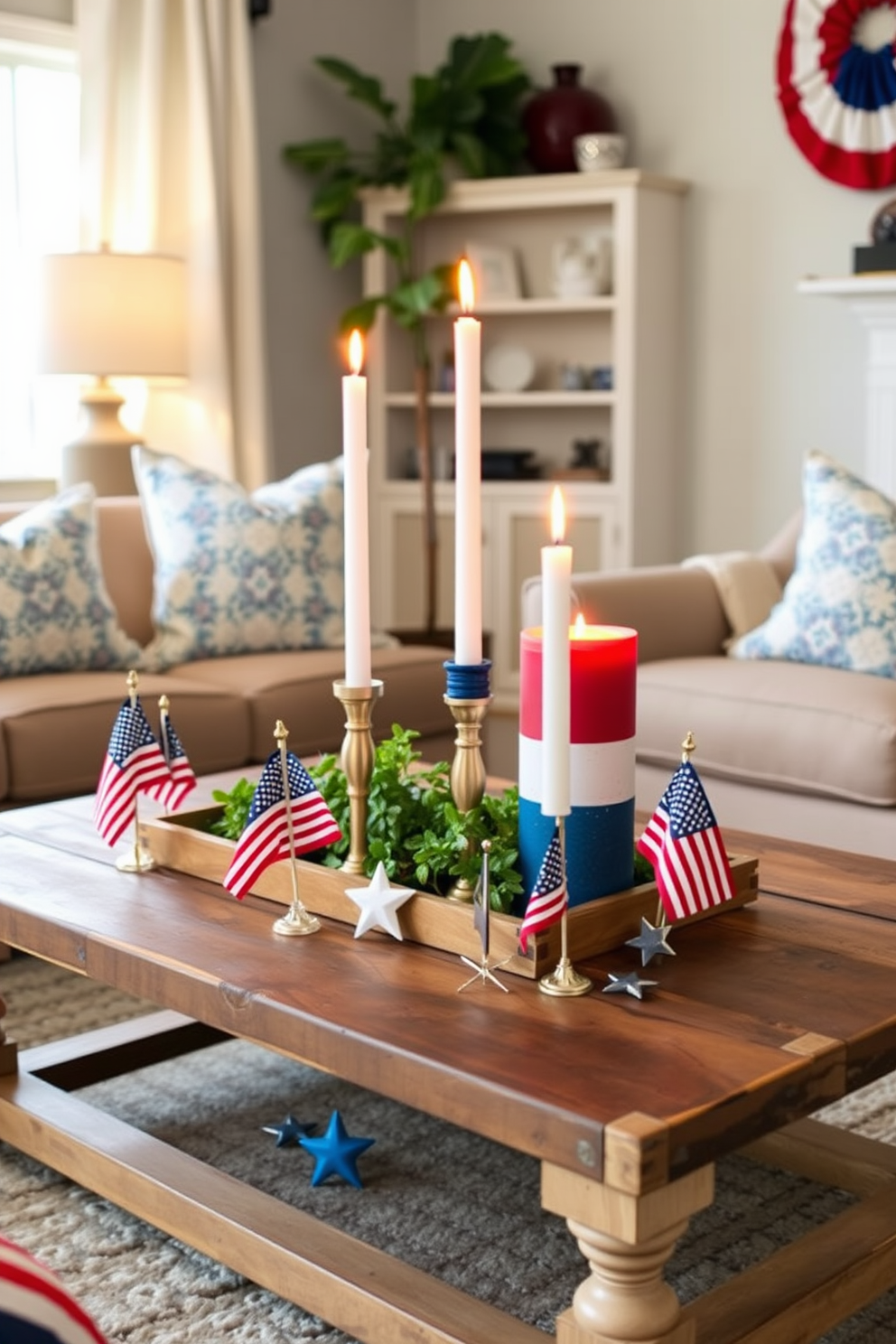 A cozy living room decorated for Independence Day features themed candles in vibrant red, white, and blue colors. The candles are arranged on a rustic wooden coffee table, surrounded by small American flags and festive star-shaped decorations.