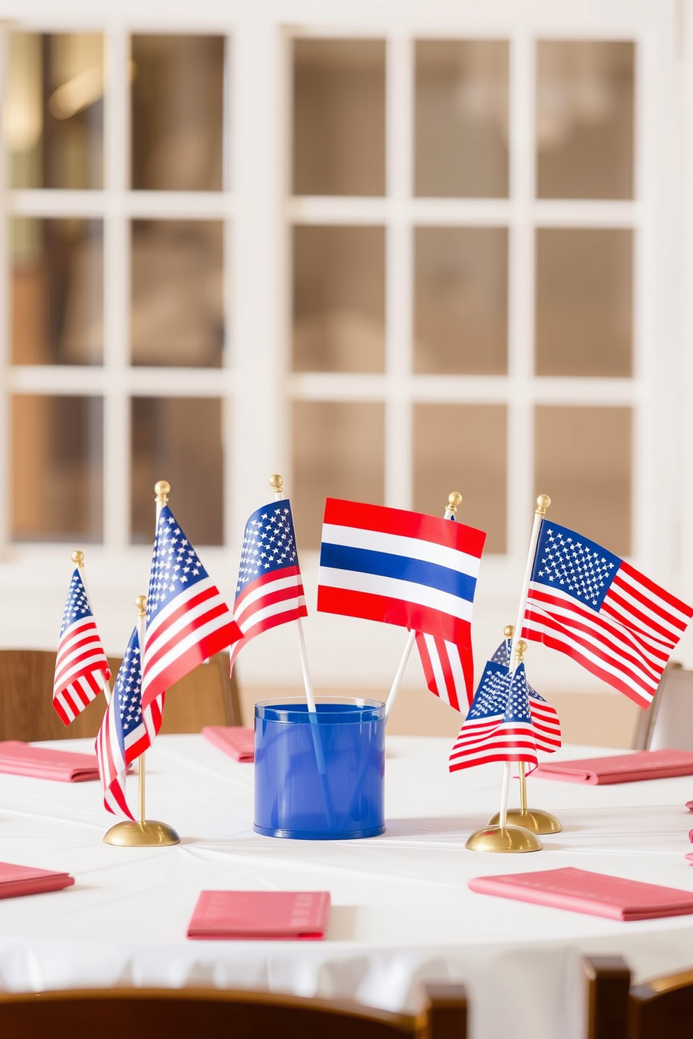 Tabletop flags in assorted sizes create a festive atmosphere for Independence Day celebrations. The vibrant red, white, and blue colors add a patriotic touch to the decor, enhancing the overall theme of the event.