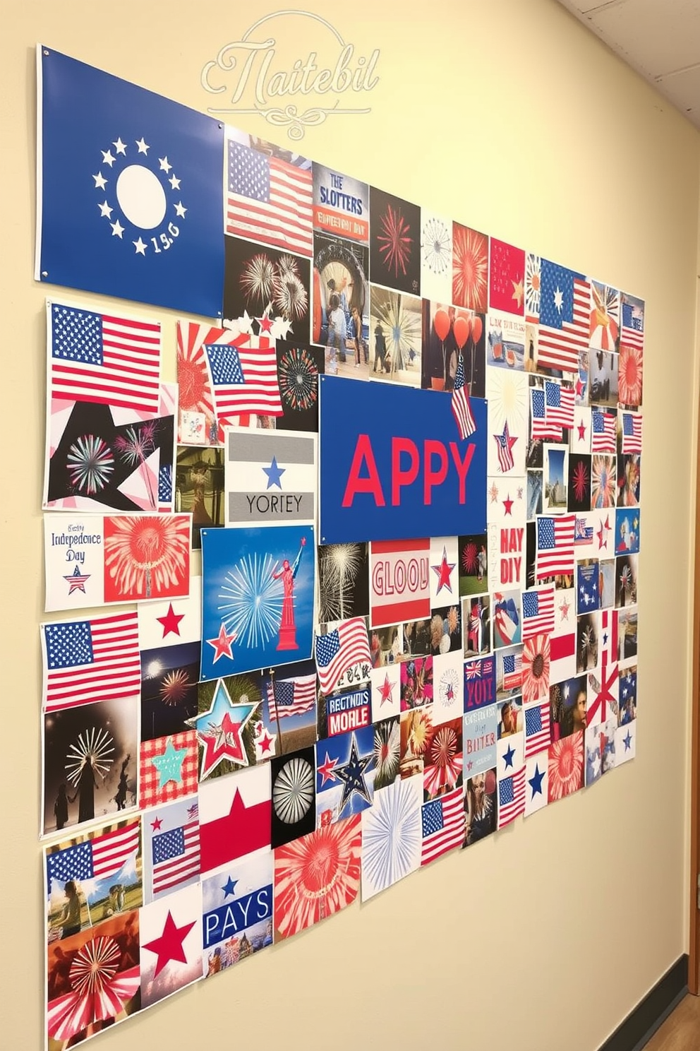 A vibrant wall collage filled with patriotic images celebrating Independence Day. The collage features a mix of red white and blue elements including flags fireworks and stars arranged artistically.