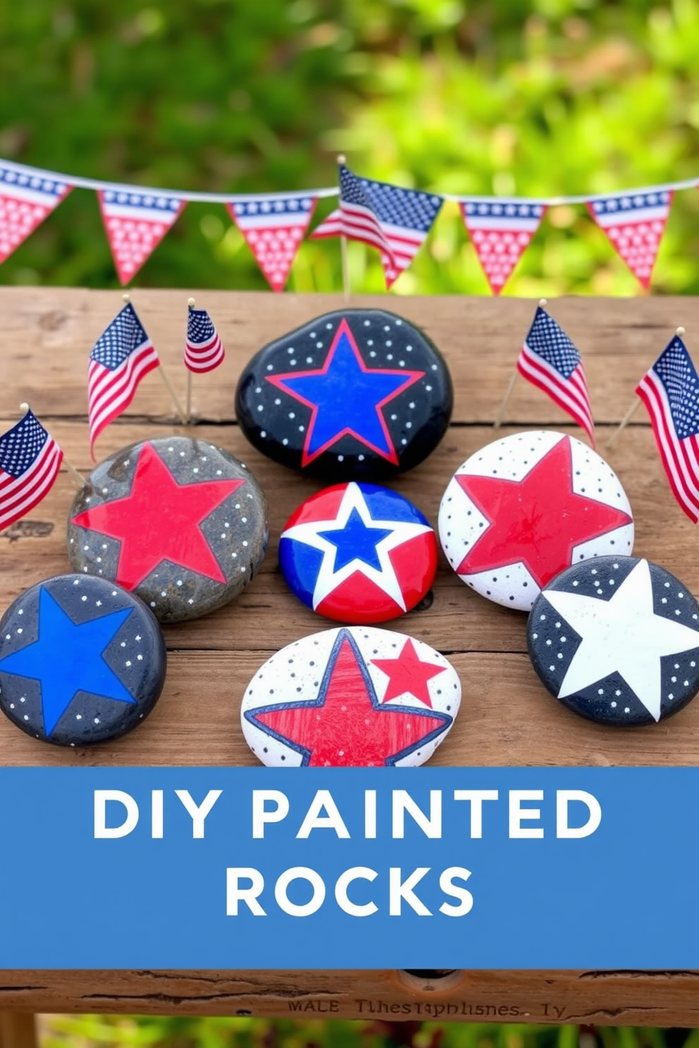 A collection of DIY painted rocks featuring vibrant star designs in red white and blue. These decorative rocks are arranged on a rustic wooden table surrounded by small American flags and festive bunting.