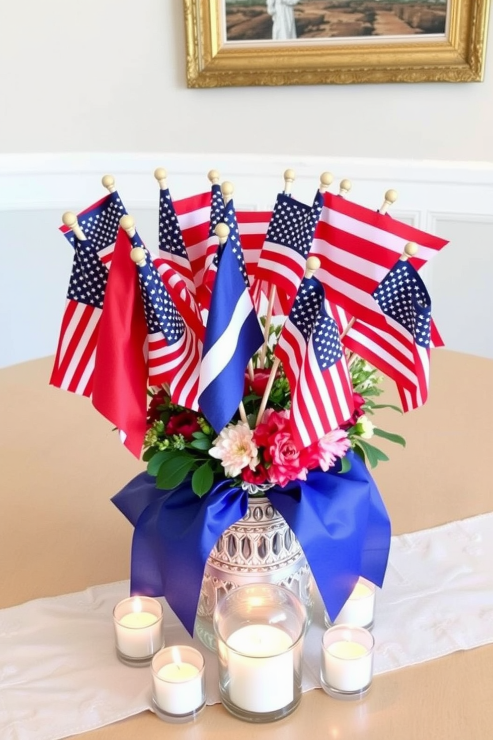 Create a festive table centerpiece for Independence Day featuring a collection of mini flags in red white and blue. Arrange the flags in a decorative vase surrounded by fresh flowers and small candles to enhance the celebratory atmosphere.