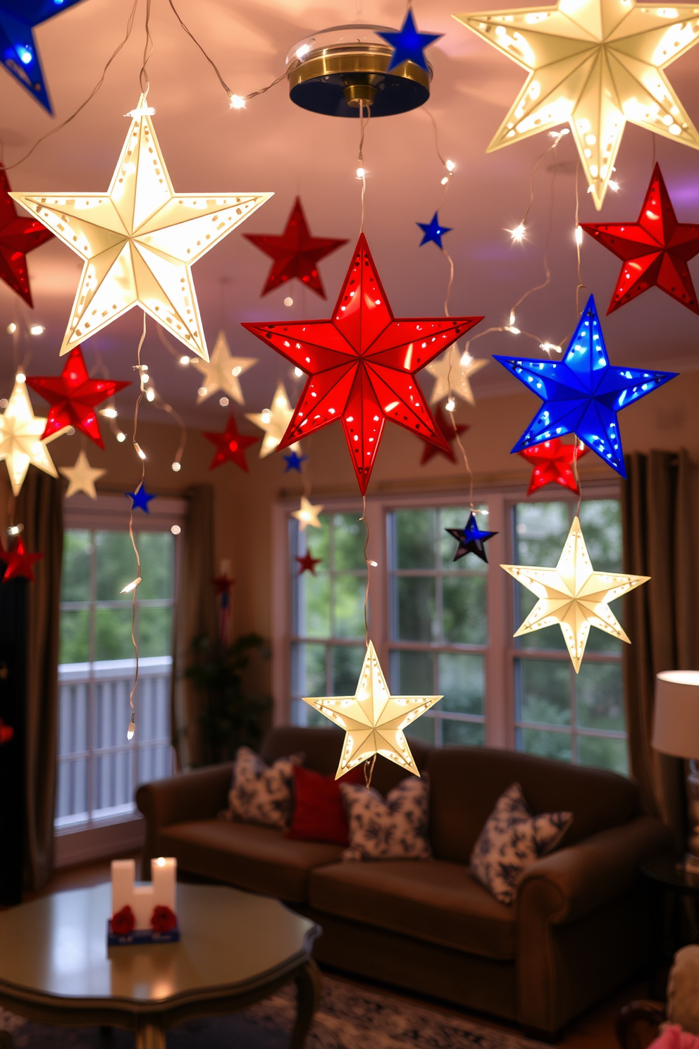 A festive living room adorned with hanging stars from the ceiling using string lights. The stars are in red white and blue colors creating a vibrant atmosphere for Independence Day celebrations.