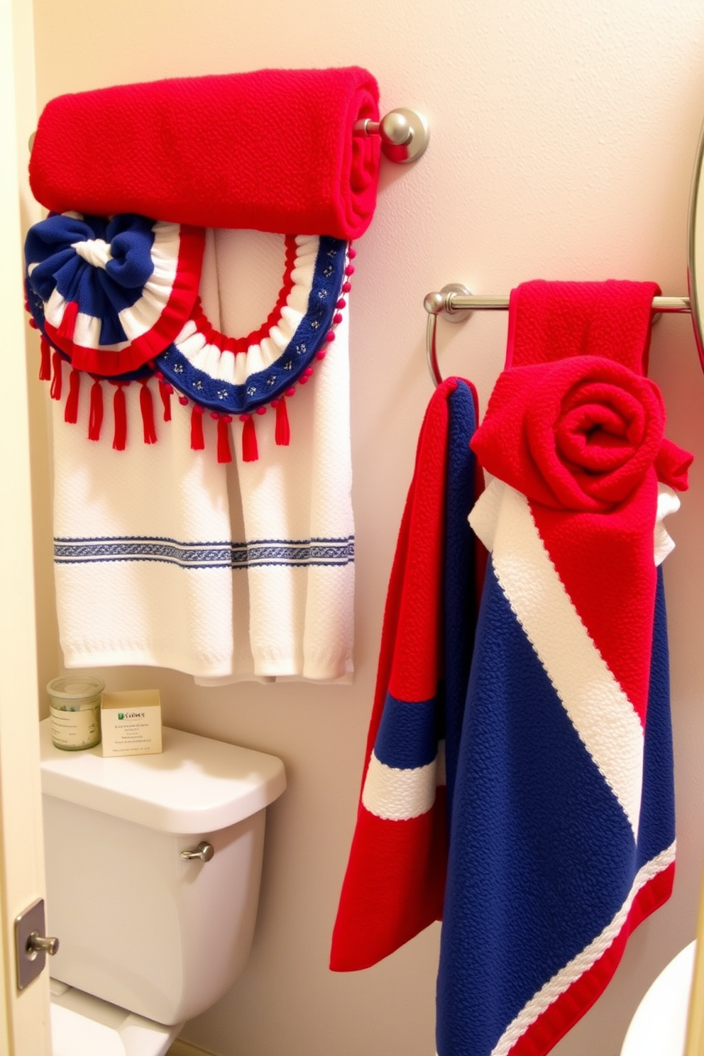 A vibrant bathroom setting showcases red, white, and blue themed towels elegantly arranged. The towels are hung neatly on a stylish rack, adding a festive touch for Independence Day celebrations.