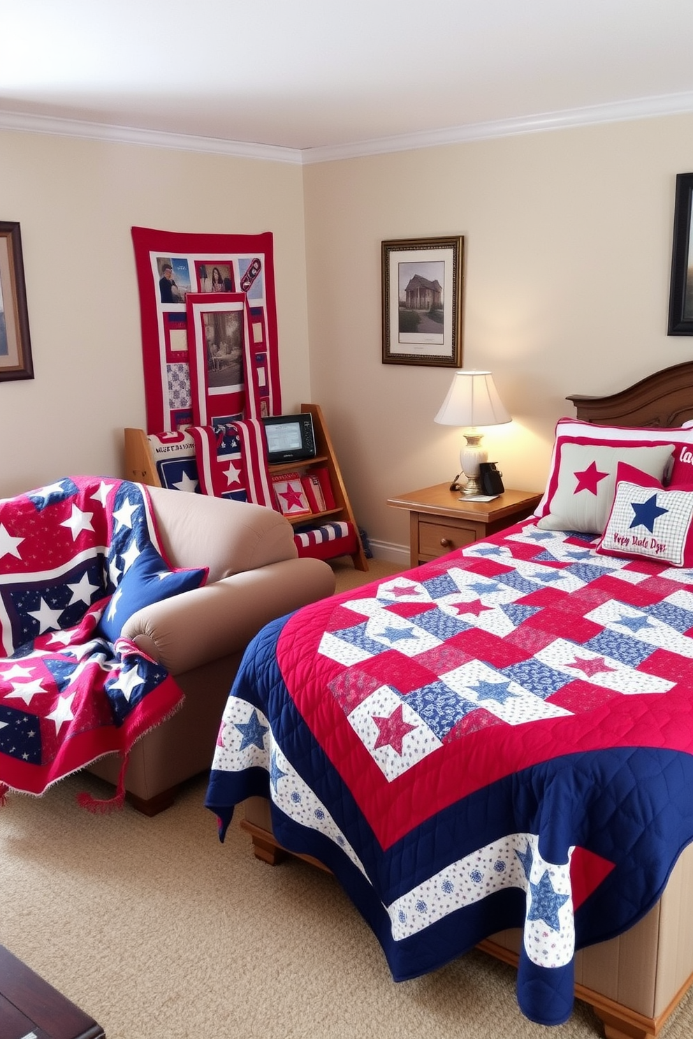 A cozy living room adorned with festive quilts draped over plush couches. The quilts feature vibrant red, white, and blue patterns, celebrating Independence Day with stars and stripes. In the bedroom, a beautifully made bed showcases a patchwork quilt that adds a touch of patriotic charm. Decorative pillows in complementary colors enhance the festive atmosphere, creating a warm and inviting space.