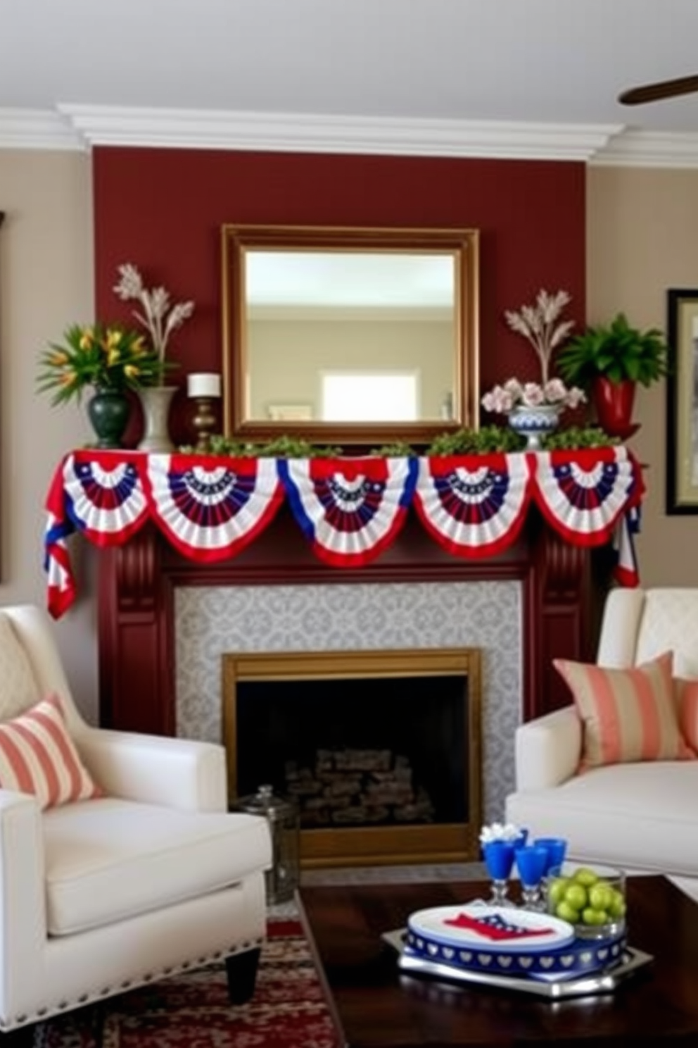 A festive living room adorned with patriotic bunting draped elegantly across the mantel. The bunting features red white and blue colors creating a vibrant focal point for Independence Day celebrations.