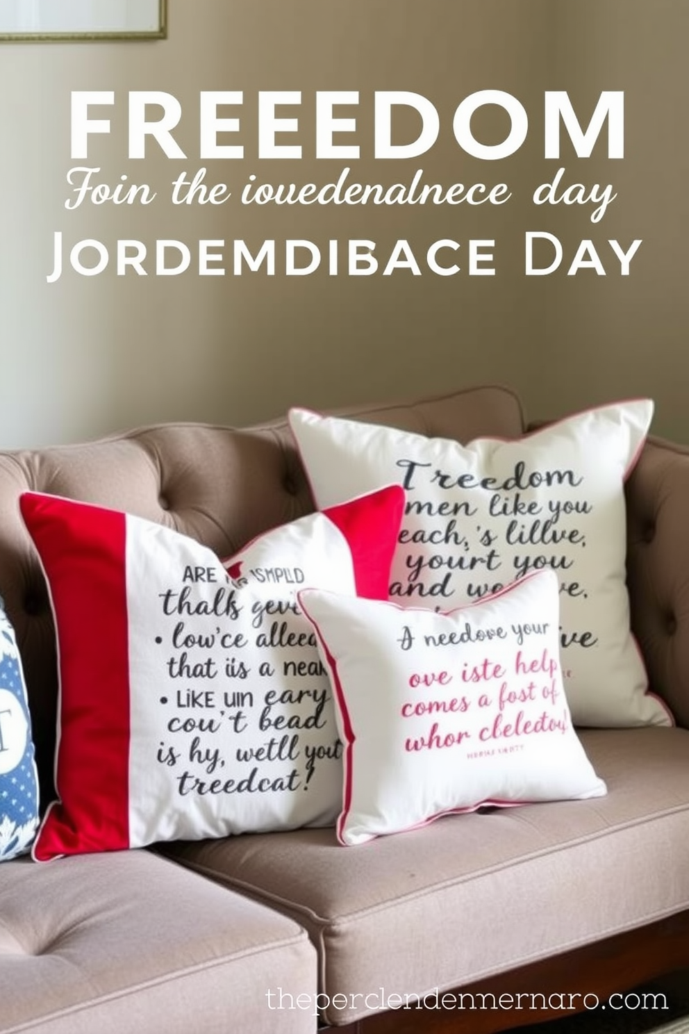 Decorative pillows featuring inspiring quotes about freedom are arranged on a cozy sofa. The pillows are in vibrant colors like red, white, and blue, adding a festive touch for Independence Day celebrations.