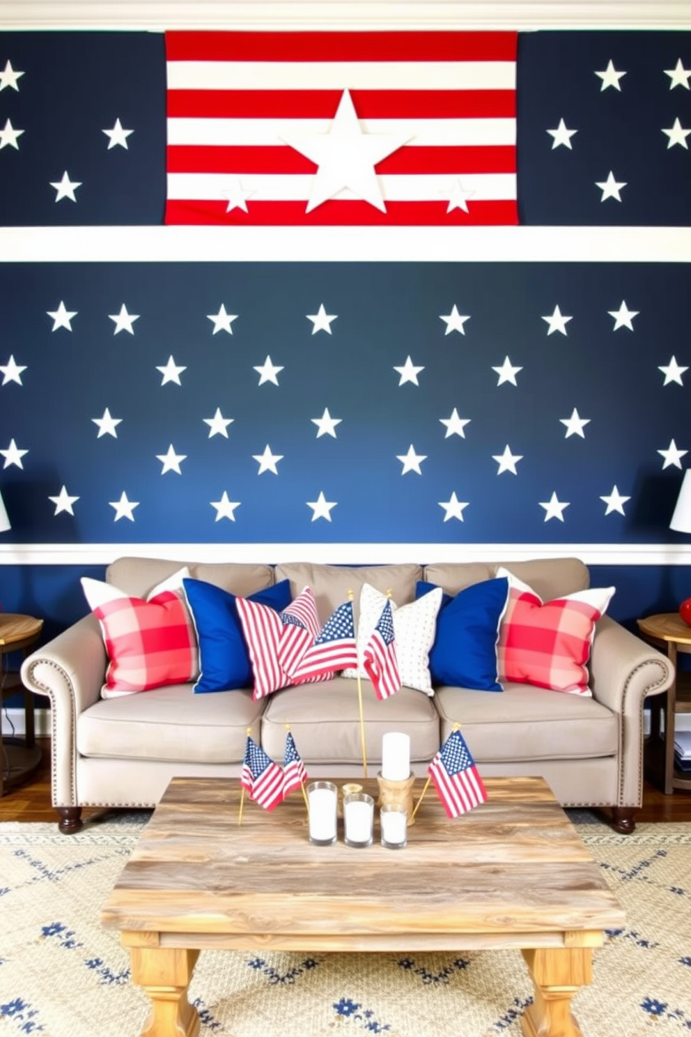 Accent wall in navy blue paint. The wall is adorned with white stars and stripes, creating a festive atmosphere for Independence Day celebrations. A stylish sofa is placed in front of the accent wall, decorated with red, white, and blue throw pillows. A rustic coffee table made of reclaimed wood sits in the center, surrounded by small American flags and candles for a warm glow.