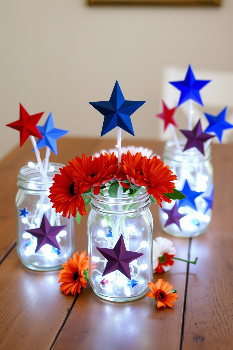 Create a charming DIY centerpiece using mason jars filled with small white lights and blue and red decorative stars. Arrange the jars on a rustic wooden table, surrounded by fresh flowers in patriotic colors for a festive Independence Day celebration.