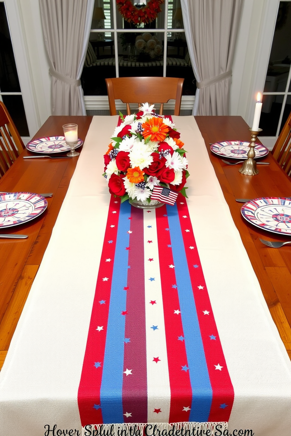 A vibrant table setting features a long striped table runner in red white and blue draped elegantly across a wooden dining table. The runner is adorned with small stars and stripes that evoke the spirit of Independence Day while complementing a centerpiece of fresh flowers in patriotic colors. On either side of the runner, decorative plates with matching designs are set for guests. Flickering candle holders in star shapes add a warm glow to the festive atmosphere, enhancing the celebration of freedom and unity.