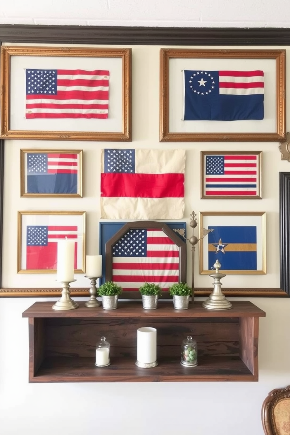 A cozy living room adorned with rustic wooden stars displayed on floating shelves. The warm wood tones complement the patriotic red white and blue accents throughout the space, creating a festive atmosphere for Independence Day celebrations.