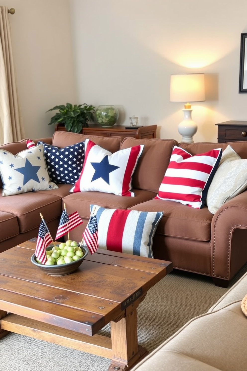 Cushions with star and stripe patterns are arranged on a large comfortable sofa in a cozy living room. The vibrant red white and blue colors create a festive atmosphere perfect for celebrating Independence Day. The cushions are complemented by a rustic wooden coffee table adorned with small American flags and a bowl of fresh fruit. Soft lighting from a nearby lamp casts a warm glow enhancing the patriotic theme of the space.