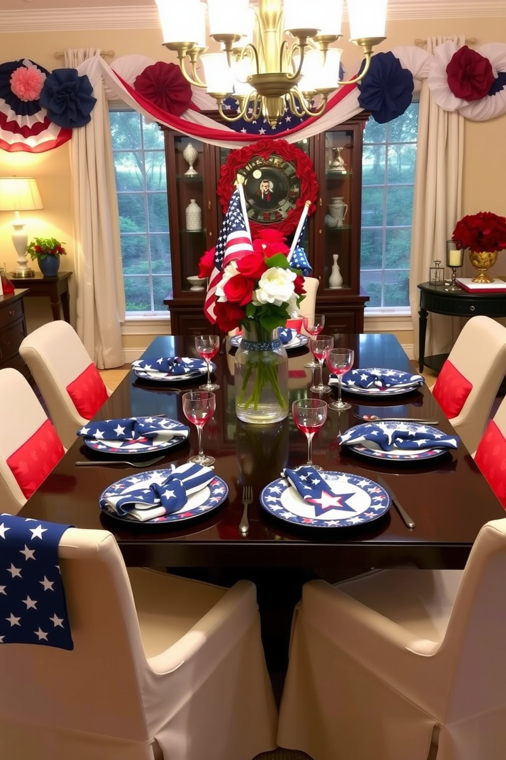 A festive dining room setting celebrating Independence Day. The table is elegantly set with star spangled tableware, featuring plates and napkins adorned with red, white, and blue motifs. Around the table, there are comfortable chairs draped with coordinating fabric. The room is decorated with patriotic accents, including a centerpiece of fresh flowers in a flag-themed vase.