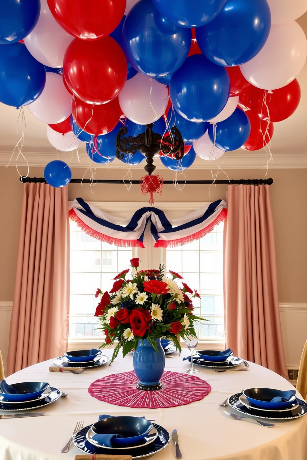 A festive dining room setting for Independence Day. The ceiling is adorned with clusters of red blue and white balloons, creating a celebratory atmosphere. The dining table is elegantly set with a white tablecloth, complemented by blue and red dishware. Centered on the table is a vibrant floral arrangement featuring red and white flowers in a blue vase.