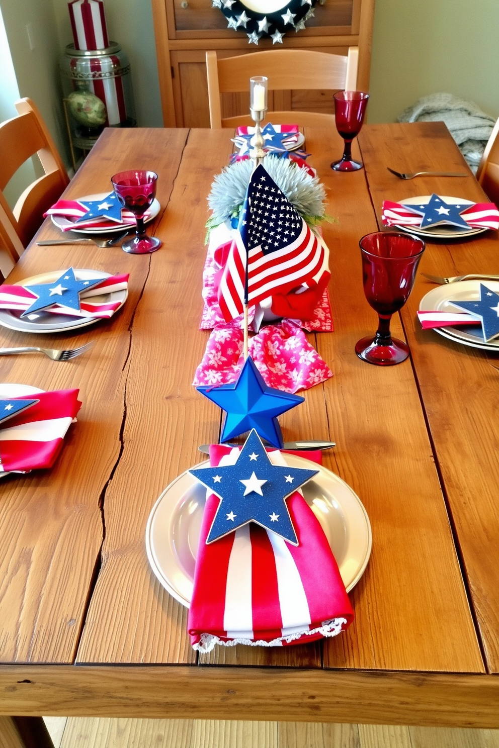 A festive dining room adorned with a red white and blue balloon garland draped elegantly across the ceiling. The table is set with patriotic-themed tableware featuring stars and stripes, complemented by flickering candles in glass holders.