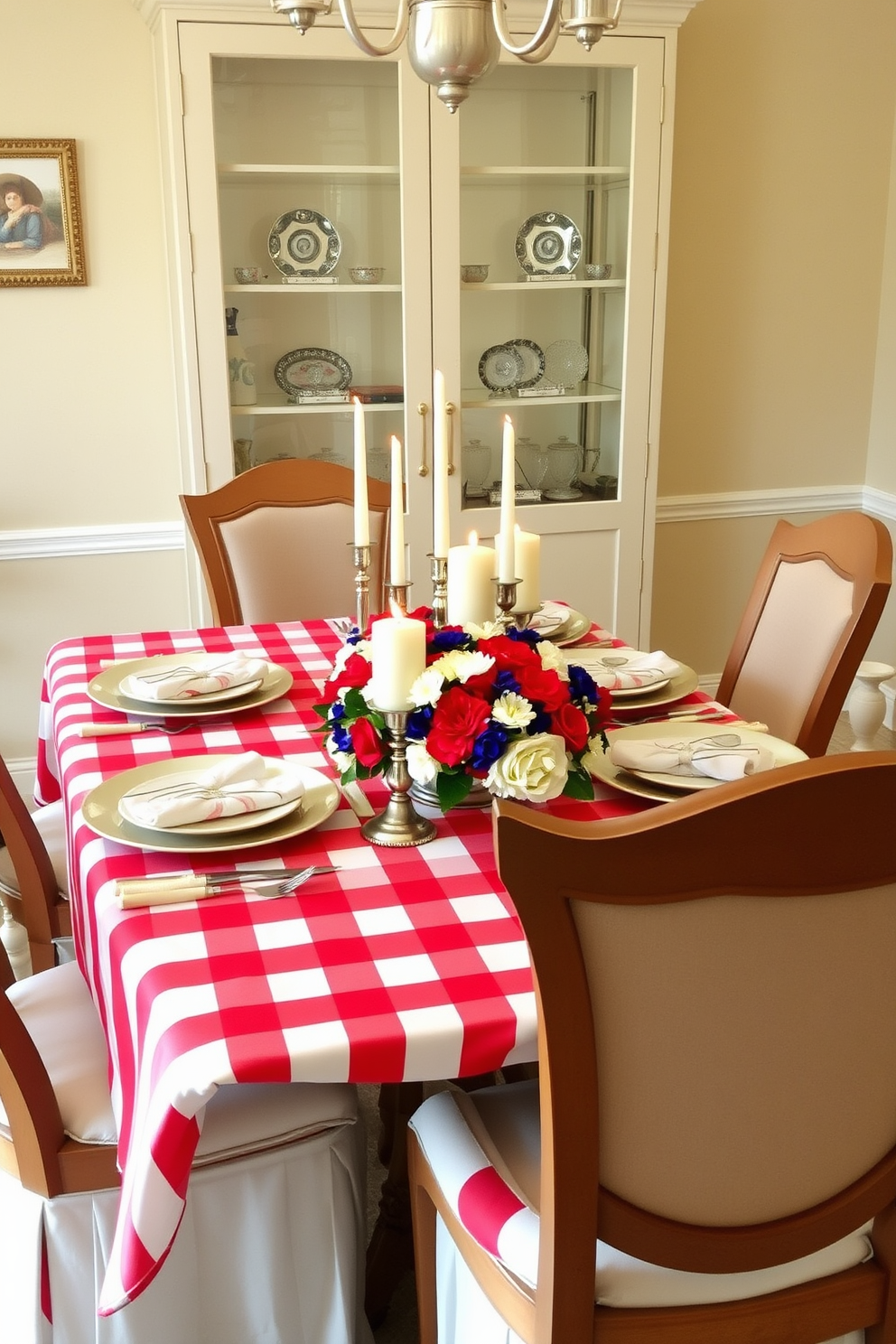 A festive dining room setting for Independence Day. The table is adorned with a vibrant tablecloth featuring red white and blue stripes, complemented by decorative candles in varying heights placed in the center. Surrounding the table are elegant chairs with plush cushions in coordinating colors. A festive centerpiece made of fresh flowers in red white and blue hues adds a touch of celebration to the atmosphere.