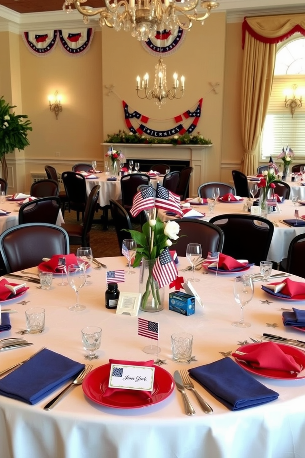 The dining room is elegantly decorated for Independence Day with themed place cards for each guest. The table is set with red white and blue tableware featuring stars and stripes motifs. Each place card is uniquely designed with a patriotic theme showcasing symbols of freedom and unity. The backdrop includes festive decorations such as bunting and small American flags adorning the centerpieces.