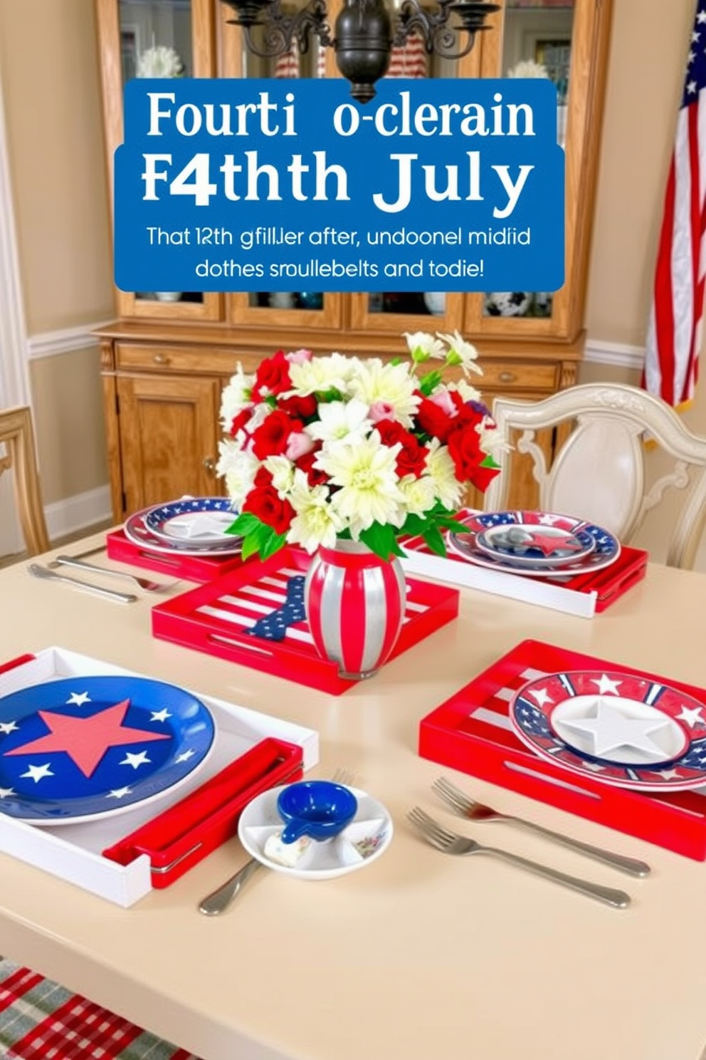 A festive dining room setting for Fourth of July celebrations. The table is adorned with red white and blue serving trays featuring stars and stripes designs. Brightly colored tableware complements the trays creating a patriotic theme. Fresh flowers in a vase add a touch of elegance to the Independence Day decor.