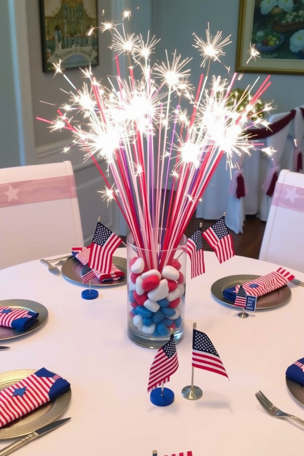 A festive DIY fireworks centerpiece for an Independence Day celebration. The centerpiece features an assortment of colorful sparklers arranged in a clear glass vase filled with red, white, and blue decorative stones. Surrounding the vase are small American flags and themed tableware to enhance the patriotic theme. The dining table is adorned with a crisp white tablecloth and is set with matching plates and napkins for a cohesive look.