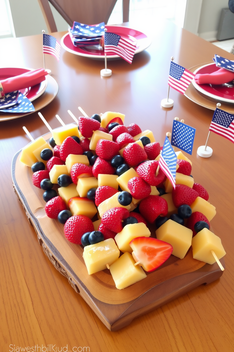 A festive dining room setting for Independence Day. The table is adorned with star shaped confetti scattered across a white tablecloth, creating a cheerful atmosphere. Red, white, and blue accents are incorporated through decorative plates and napkins. A centerpiece featuring a small flag and fresh flowers adds a patriotic touch to the decor.