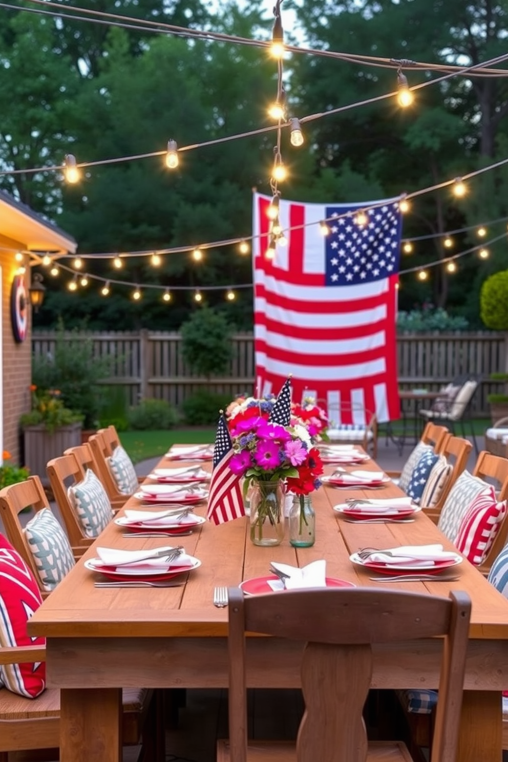 Outdoor dining with string lights creates a festive atmosphere perfect for celebrating Independence Day. A long wooden table is set with red white and blue tableware and surrounded by comfortable chairs. The space is adorned with vibrant flowers in mason jars and a large American flag centerpiece. String lights are draped overhead casting a warm glow as the sun sets.