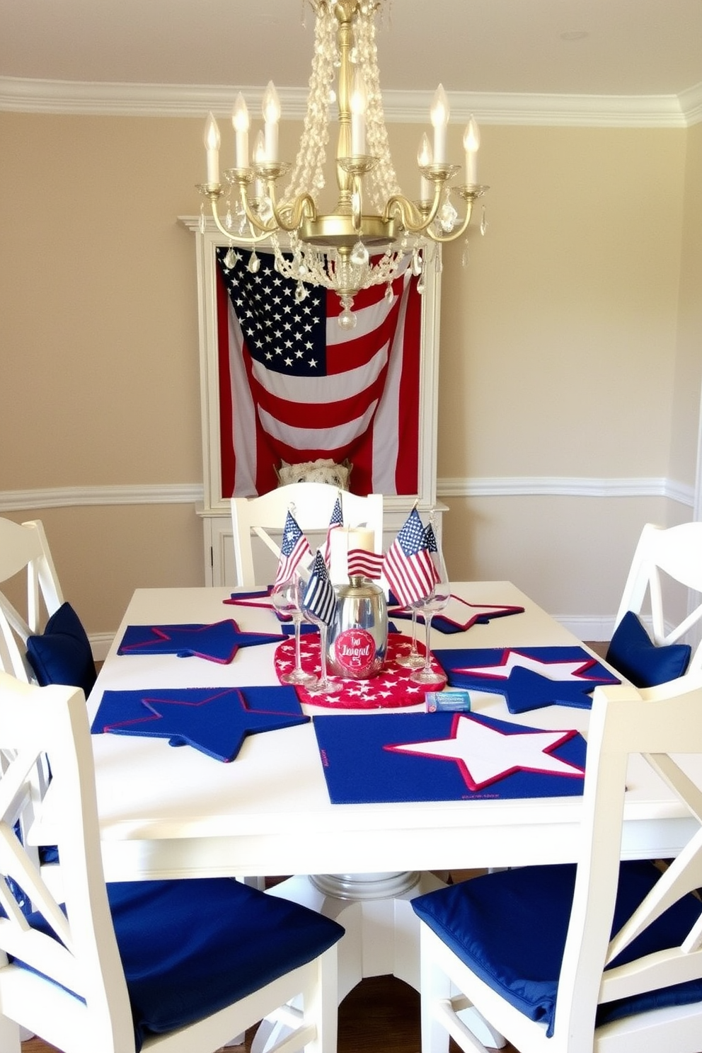 A vibrant dining room setting adorned with a red white and blue floral centerpiece. The table is elegantly set with white dinnerware and sparkling glassware, creating a festive atmosphere for Independence Day celebrations.