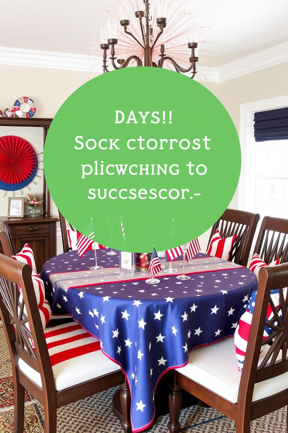 A vintage picnic basket serves as a charming centerpiece on a rustic wooden dining table. Surrounding the basket are red, white, and blue themed decorations, including small flags and seasonal flowers in mason jars.