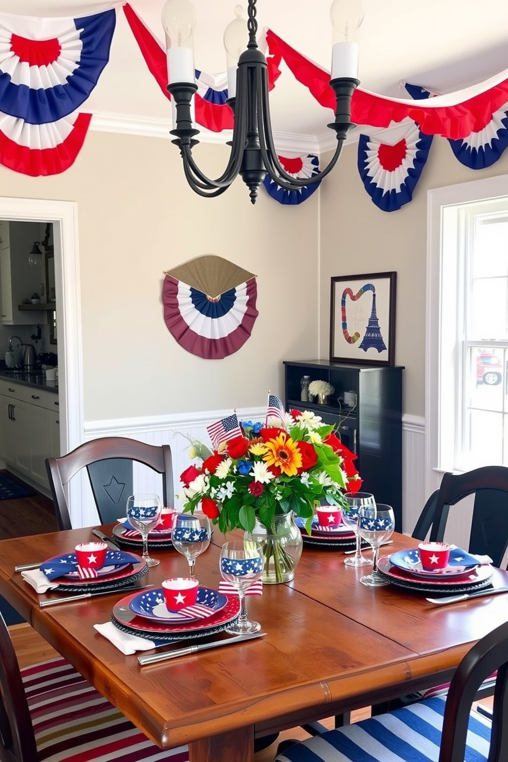 A festive dining room adorned with hanging paper lanterns in red, white, and blue. The table is elegantly set with a crisp white tablecloth, complemented by vibrant floral centerpieces and star-spangled napkins.