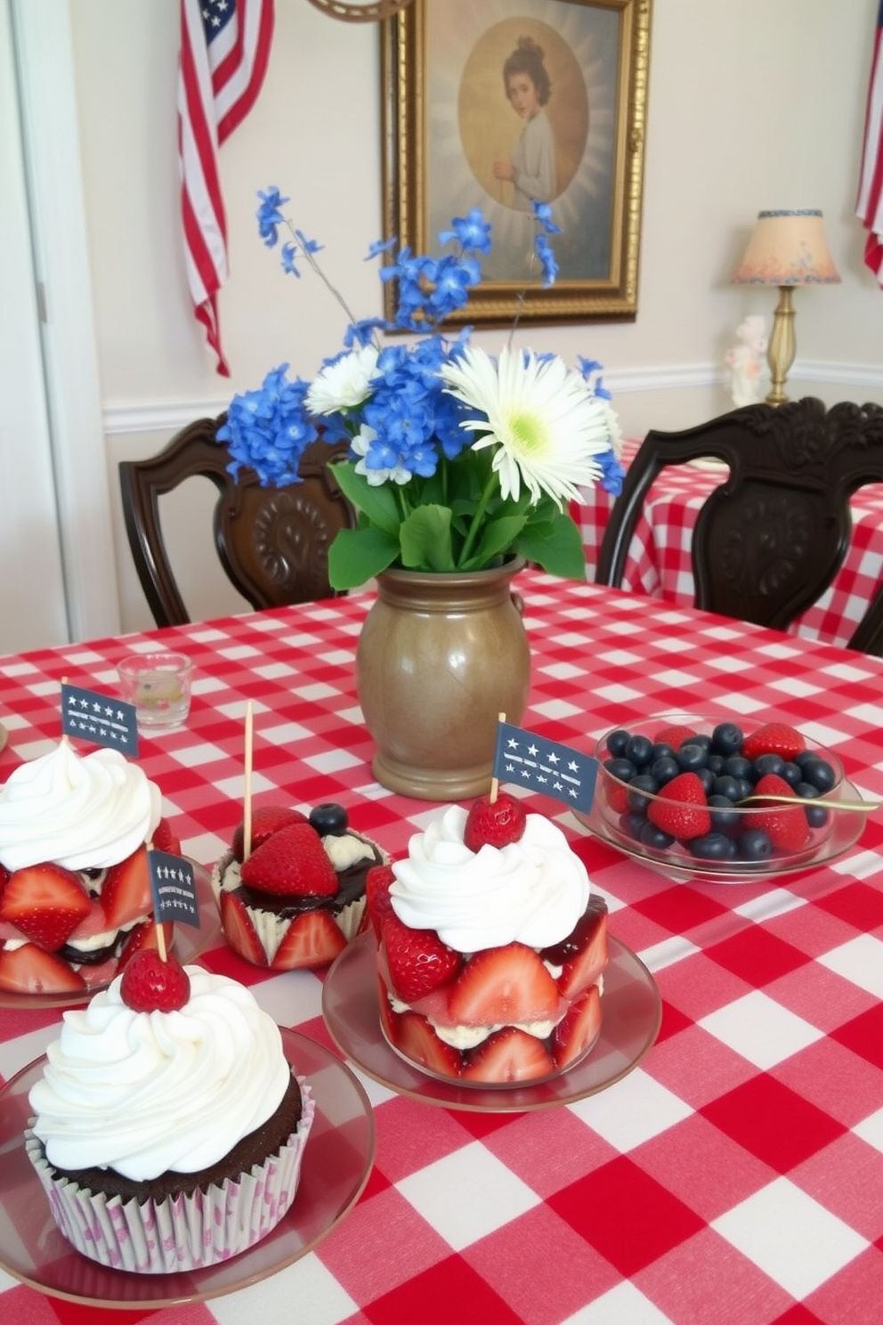 A vibrant dining room featuring patriotic art prints celebrating Independence Day. The walls are adorned with framed prints showcasing red white and blue themes complemented by a rustic wooden dining table set with festive tableware.