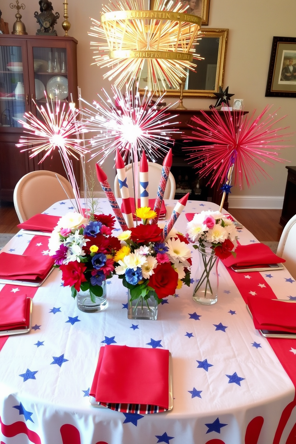 A festive dining room setting for Independence Day. The table is adorned with a vibrant tablecloth featuring red white and blue patterns, creating a patriotic ambiance. At the center of the table, a beautifully decorated cake in red white and blue sits on a decorative stand. Surrounding the cake are elegant place settings with matching napkins and themed tableware.