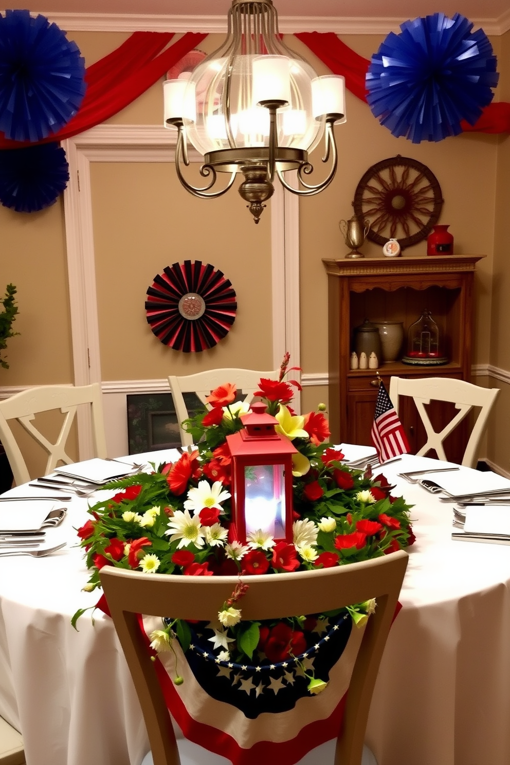 A festive dining room setting adorned with decorative lanterns in red, white, and blue for Independence Day. The table is elegantly set with a white tablecloth, featuring a centerpiece of vibrant lanterns and seasonal flowers, creating a patriotic ambiance.