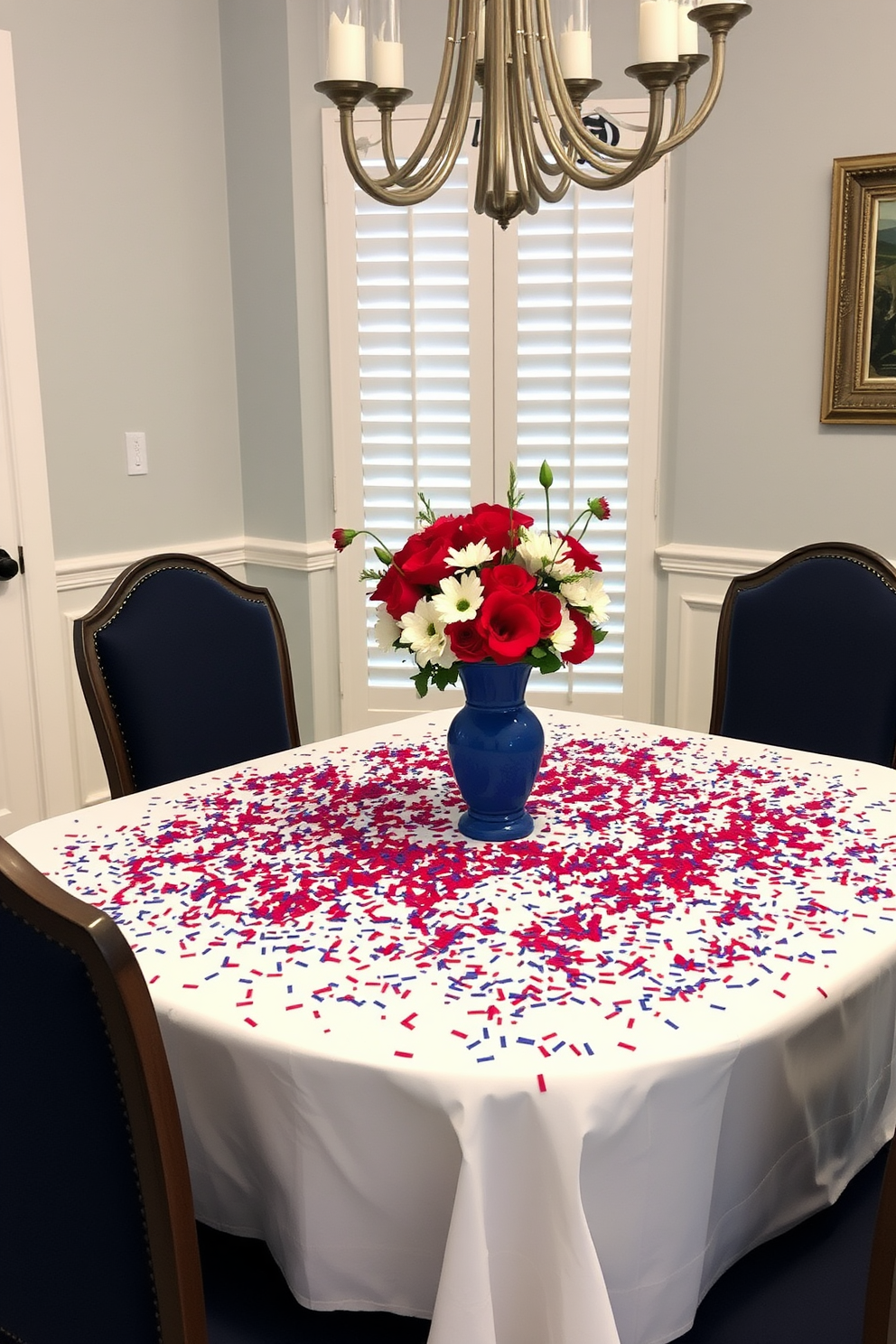 A festive dining room setting for Independence Day. The table is adorned with vibrant red white and blue tabletop confetti scattered across a crisp white tablecloth. A centerpiece featuring a bouquet of red and white flowers in a blue vase adds a patriotic touch. Surrounding the table are elegant chairs with navy blue cushions that complement the overall theme.