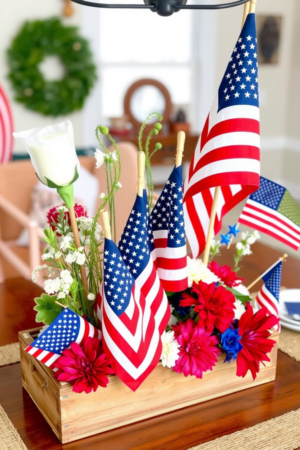 Create a patriotic themed dining room centerpiece that features a variety of American flags in different sizes arranged in a rustic wooden box. Surround the flags with red white and blue flowers and add small decorative elements like stars and stripes to enhance the Independence Day theme.