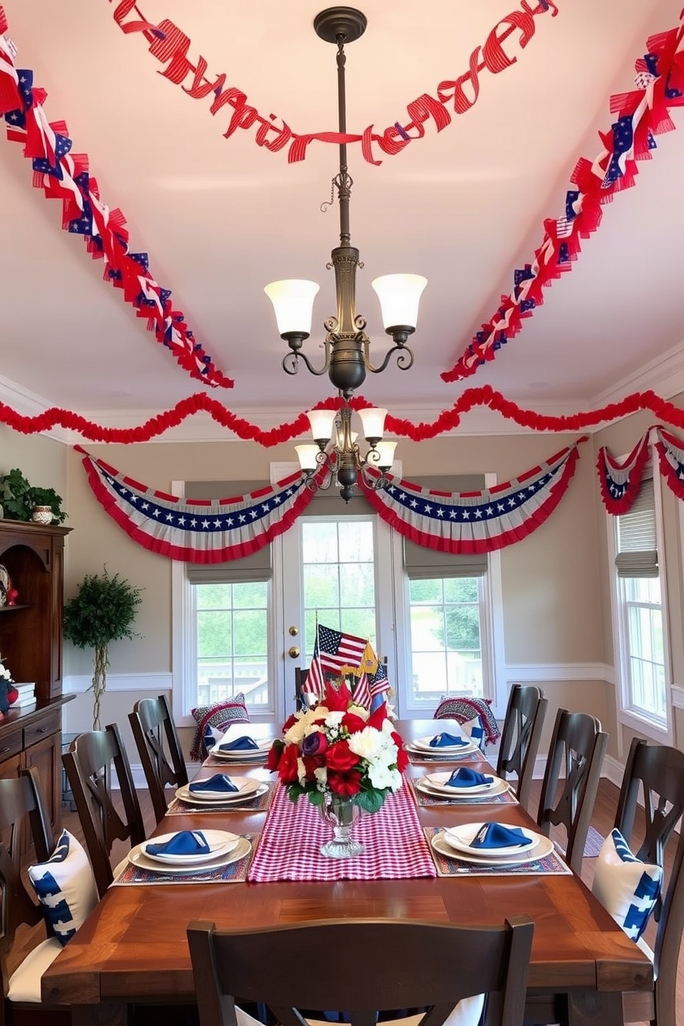 A festive dining room setting adorned with vibrant bunting banners hung across the room. The table is set with red white and blue tableware complemented by a centerpiece of seasonal flowers.