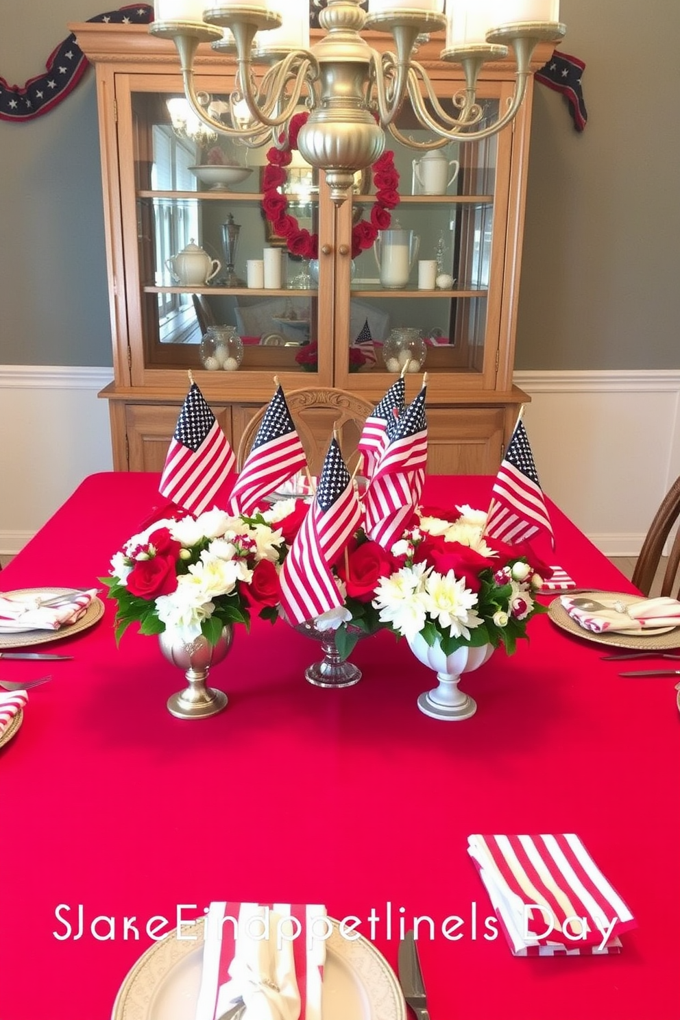 Miniature American flags are arranged in elegant vases placed at the center of a beautifully set dining table. The table is adorned with a crisp white tablecloth, and red, white, and blue accents create a festive atmosphere for Independence Day celebrations.