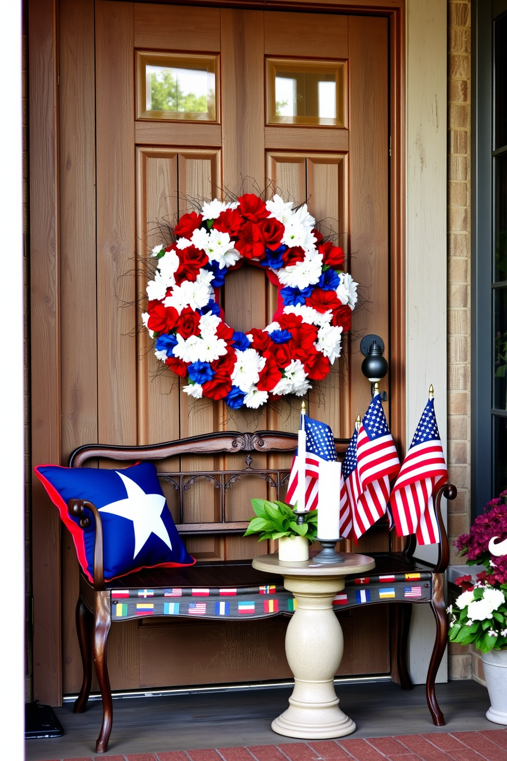 A patriotic wreath made of vibrant red white and blue flowers is prominently displayed on a rustic wooden door. The entryway features a welcoming atmosphere with a vintage bench adorned with star-spangled cushions and a small table holding a festive arrangement of flags and candles.