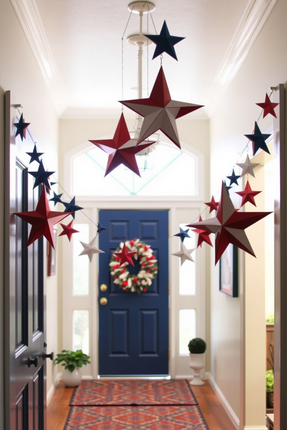 A vibrant entryway adorned with a DIY star garland hanging gracefully from the ceiling. The stars are crafted from red white and blue materials creating a festive atmosphere for Independence Day celebrations.