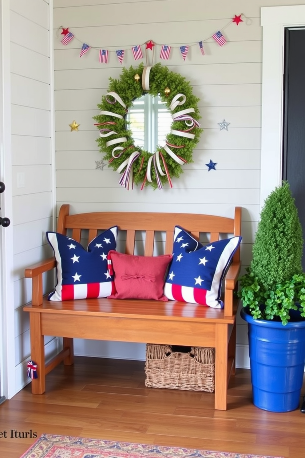 Create an inviting entryway featuring a wooden bench adorned with patriotic pillows in red white and blue. The backdrop should showcase a festive decor theme with subtle Independence Day elements like small flags and star motifs.