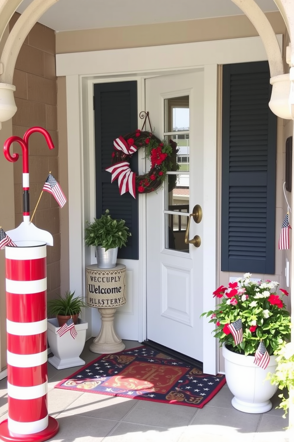 A festive entryway adorned with a red and white striped umbrella stand. The space is decorated with patriotic accents, including small flags and a vibrant welcome mat.