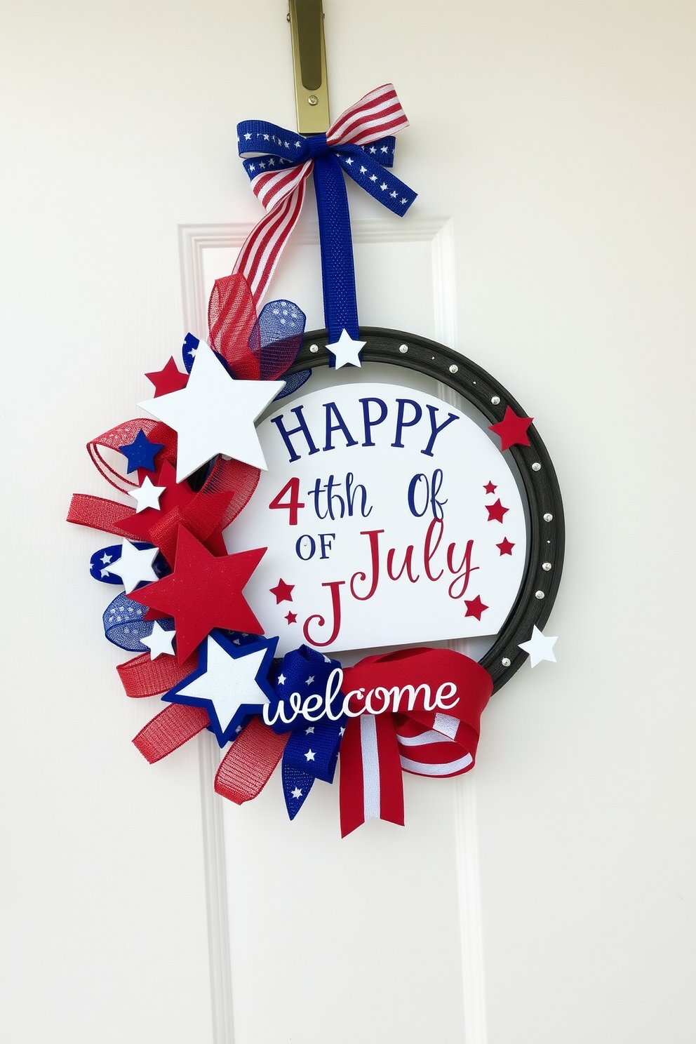 A festive door hanger celebrating the Fourth of July is adorned with red white and blue colors. It features stars and stripes along with a cheerful message welcoming guests to your home. The door hanger is crafted from weather-resistant materials to withstand outdoor elements. It is designed to hang easily on any door providing a warm and patriotic touch to your entryway.