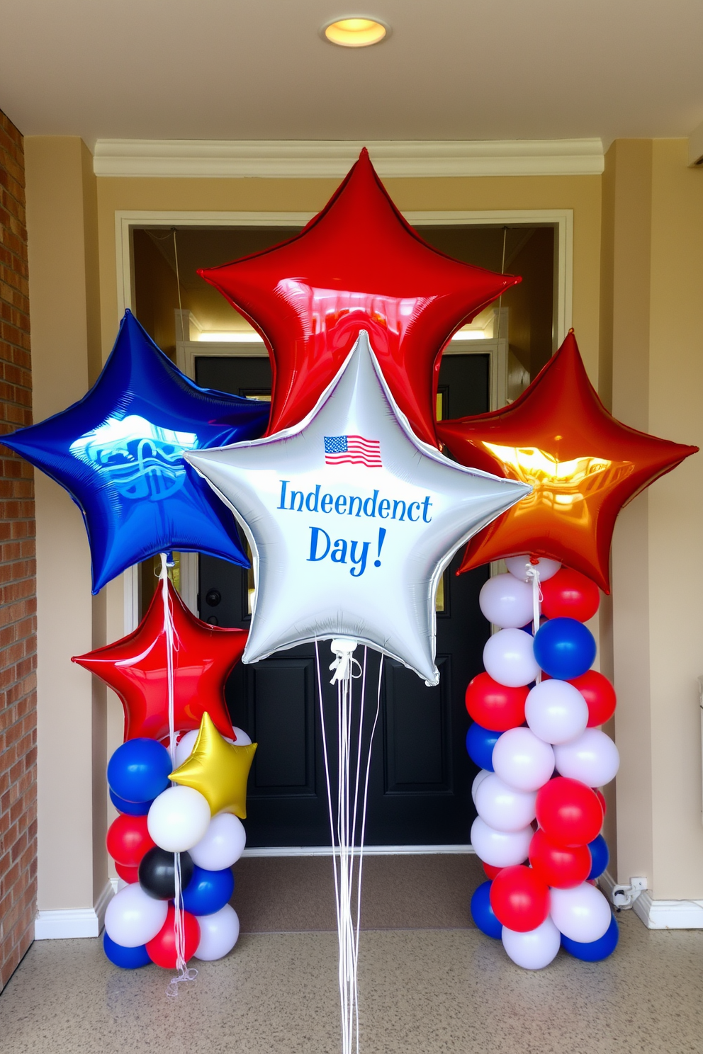 Colorful star-shaped balloons are arranged at the entrance, creating a festive atmosphere for Independence Day celebrations. The balloons are in red, white, and blue hues, adding a patriotic touch to the entryway decor.