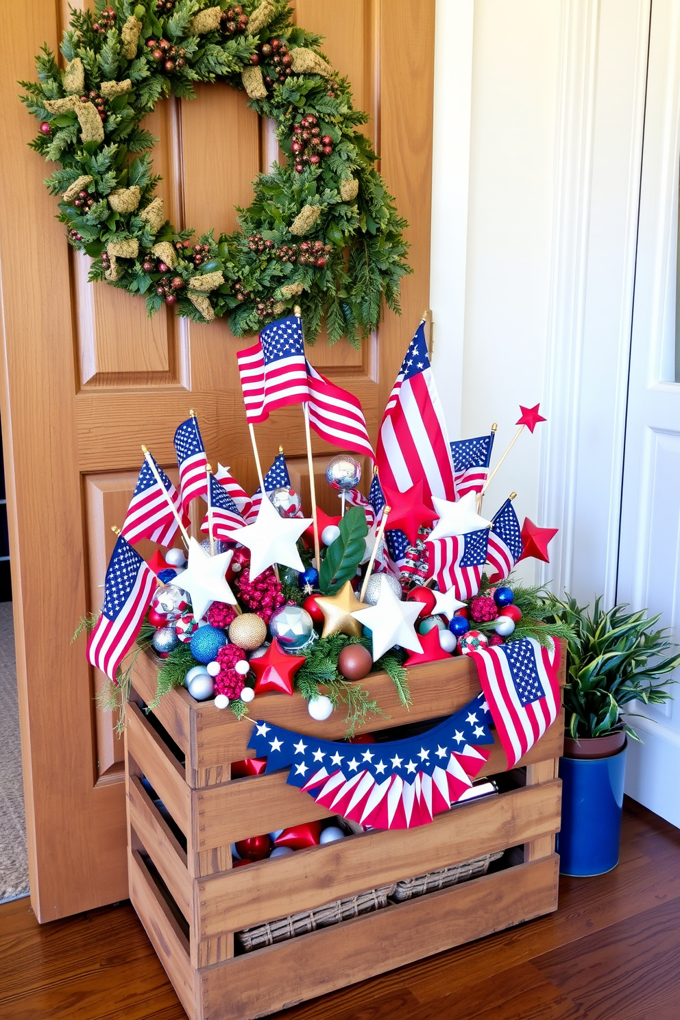 A charming entryway adorned with a wooden crate filled with patriotic decor for Independence Day. The crate is overflowing with red white and blue accents including small flags and star shaped ornaments.