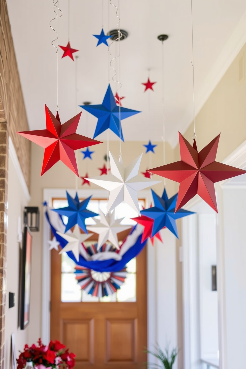 A festive entryway adorned with hanging star decorations in red white and blue. The stars dangle gracefully from the ceiling creating a celebratory atmosphere for Independence Day.