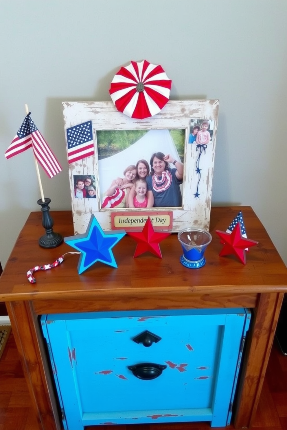 A patriotic-themed photo frame sits on a rustic wooden table, showcasing family memories from previous Independence Day celebrations. Surrounding the frame are small decorative items in red, white, and blue, creating a festive atmosphere in the entryway.