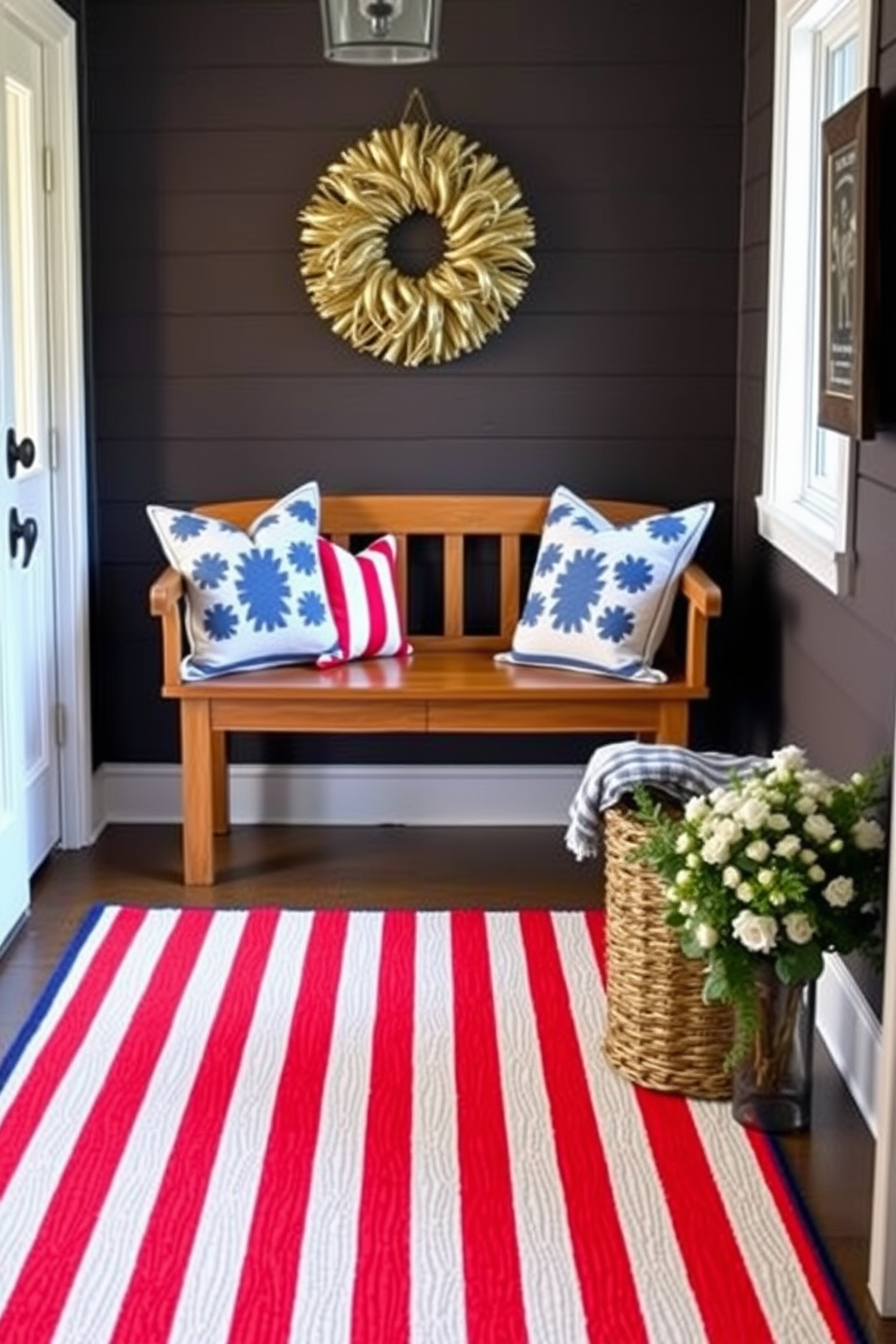 A welcoming entryway adorned with a red white and blue striped rug that captures the spirit of Independence Day. The rug complements a classic wooden bench, which is topped with decorative pillows in coordinating colors.