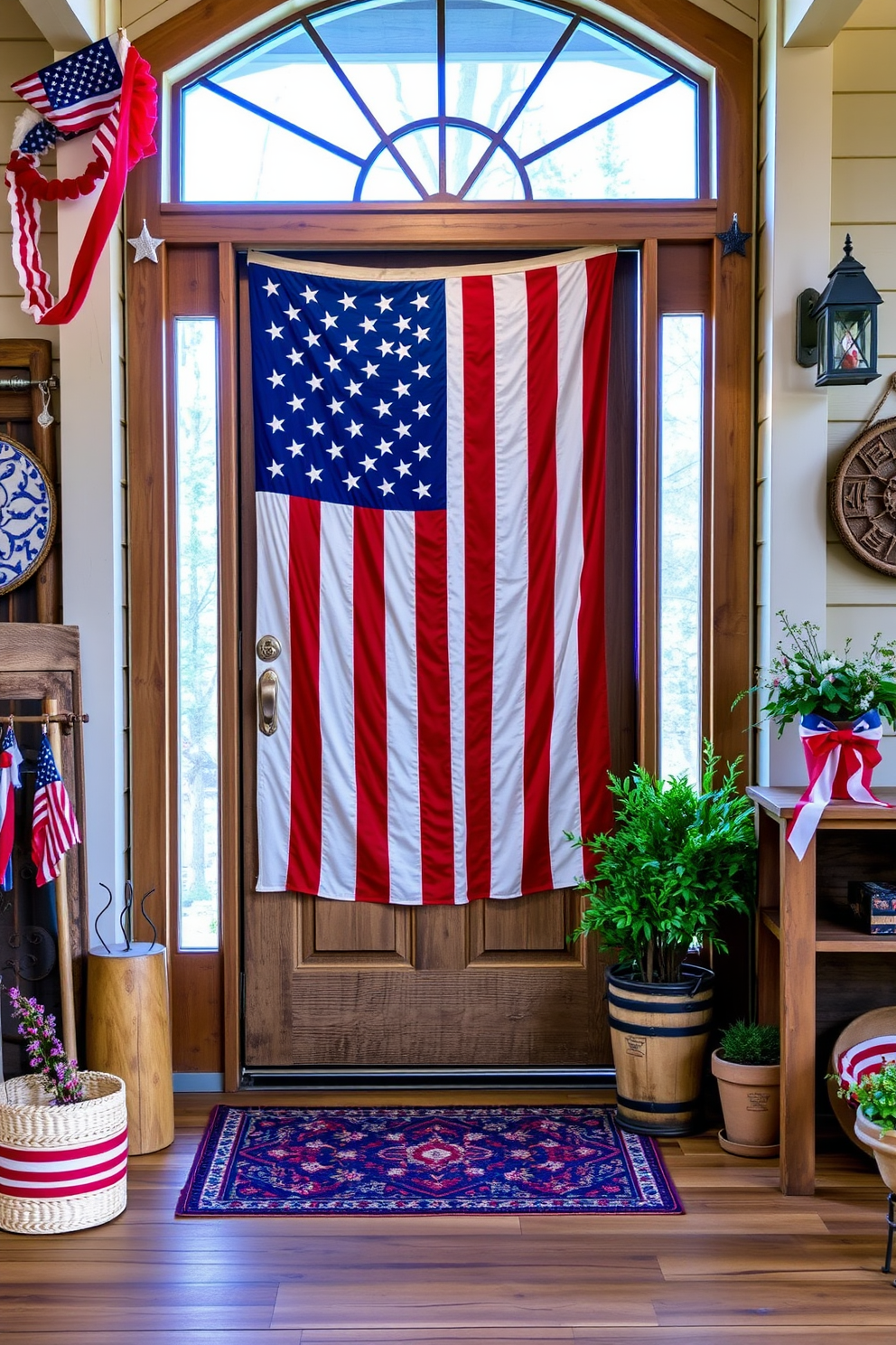 A charming entryway adorned with a vintage flag display on the door. The space features rustic wooden elements and festive red, white, and blue decorations that evoke a sense of patriotism.