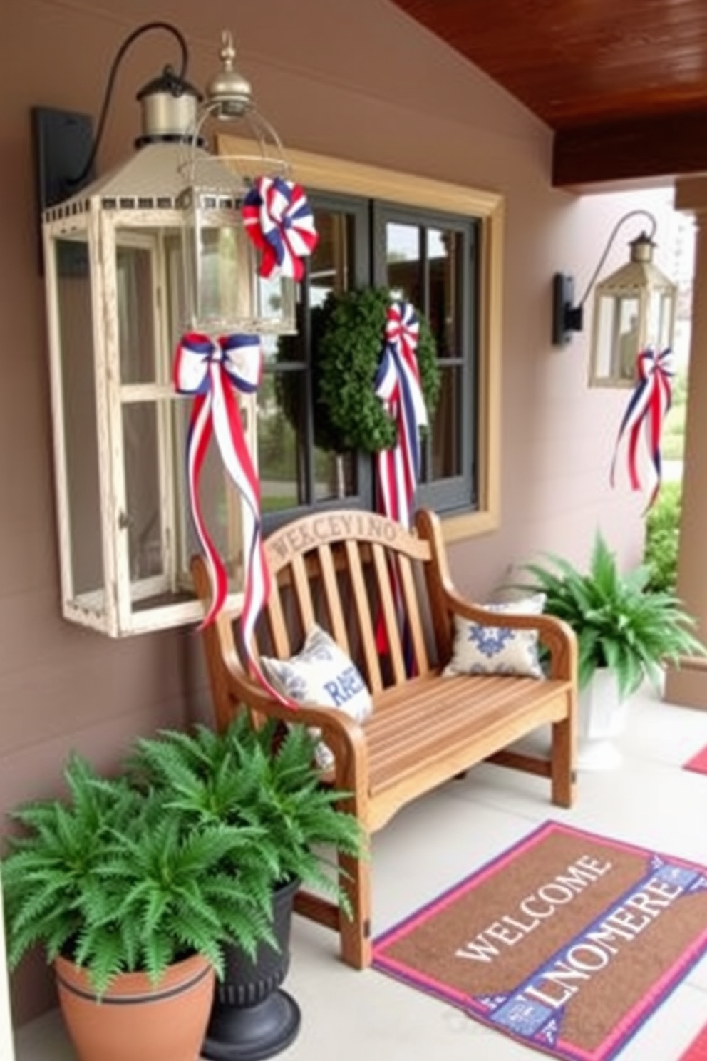 Vintage lanterns are adorned with red white and blue patriotic ribbons creating a festive atmosphere. The entryway features a warm wooden bench flanked by potted ferns and a welcome mat that complements the holiday theme.